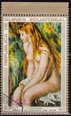 z vendido Guinea Ecuatorial 1973 Michel 212 Sello Pintura Pierre Auguste Renoir Dede o la Fuente Zurich Mujeres Desnudas Matasello de favor Preobliterado 